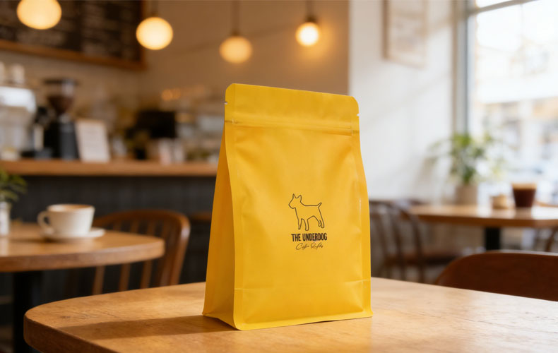 Bolsas de caf&eacute; reciclables amarillas con v&aacute;lvula