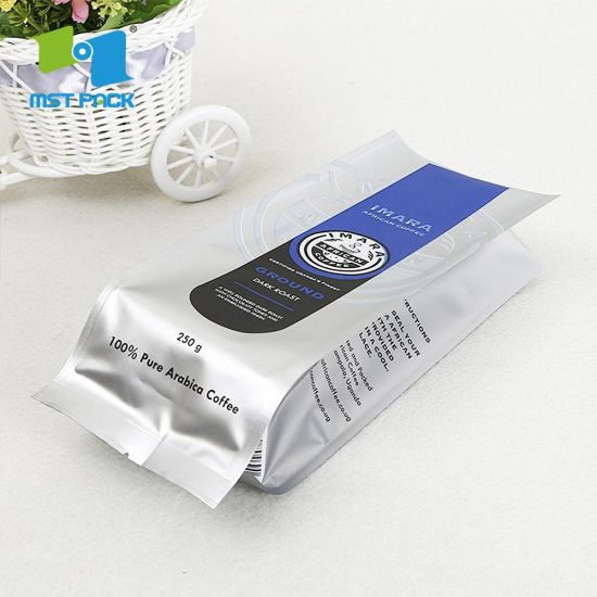100% Compostable Grado de seguridad de la FDA Papel de aluminio forrado Empaquetado con cremallera Cremallera superior Impresión personalizada Bolsa de café de fondo plano biodegradable