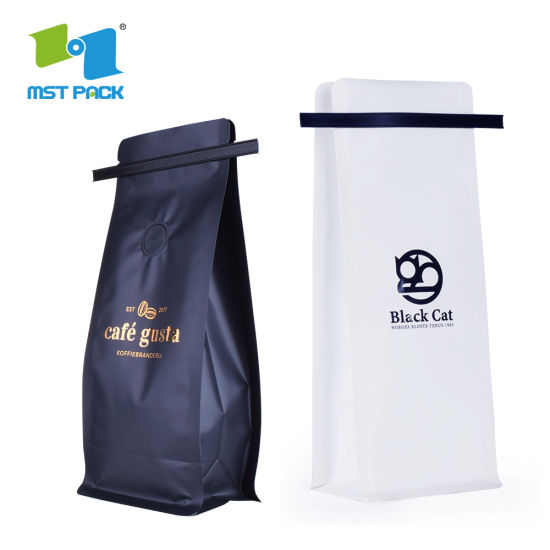 Eco amigable logotipo personalizado impresión plástico aluminio frustrado fondo plano bolsa de café biodegradable con válvula unidireccional