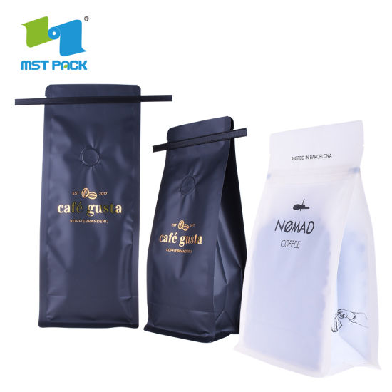 Venta al por mayor de alta calidad de pie biodegradable personalizado impreso 250g 500g 1 kg bolsa de cremallera de café de fondo plano con válvula