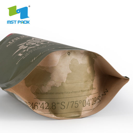 Logotipo personalizado Impresión Stand up Envasado de alimentos Marrón laminado Bolsa de café biodegradable Papel Kraft con válvula y Ziplock
